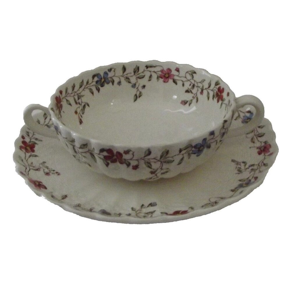 COPELAND SPODE Wicker Dale Cream Soup Bowl w/double handles and Saucer #4088